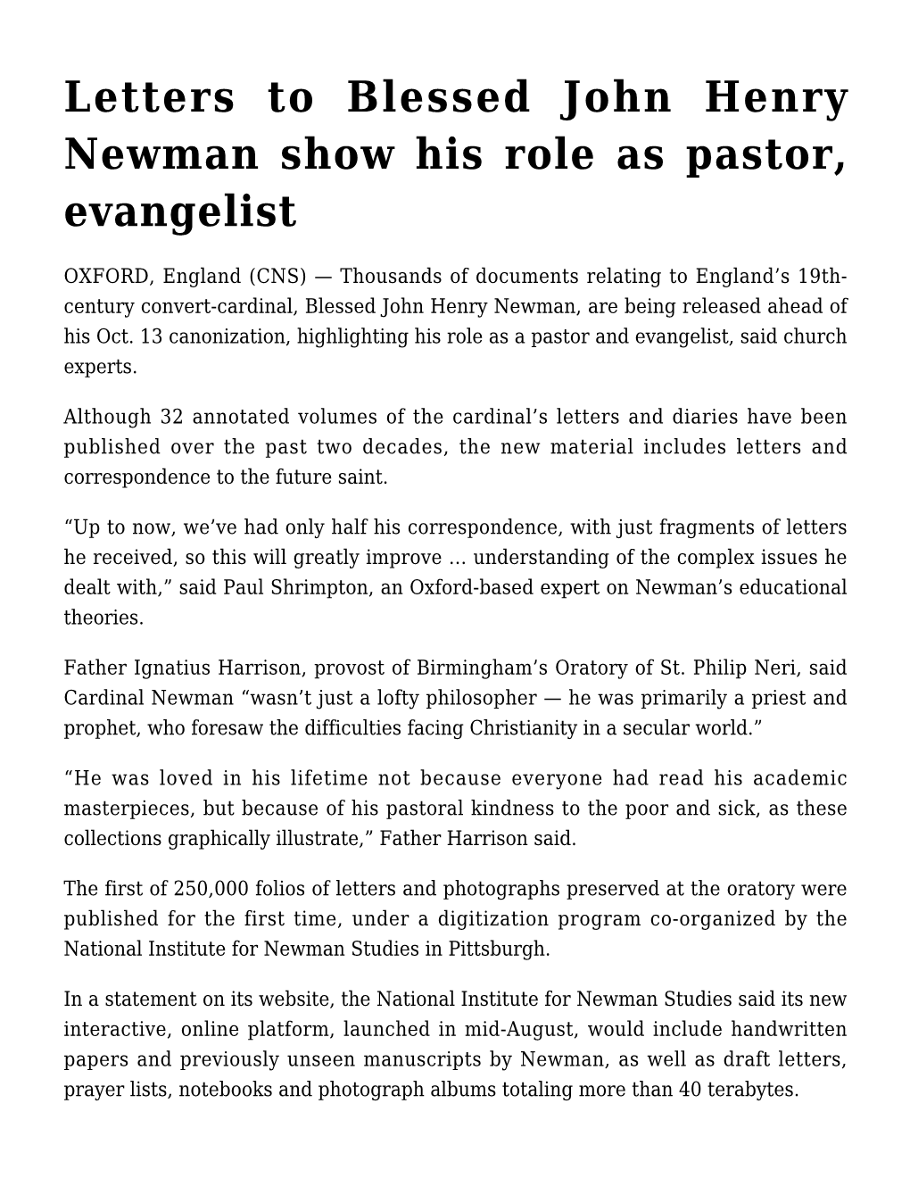 Letters to Blessed John Henry Newman Show His Role As Pastor, Evangelist