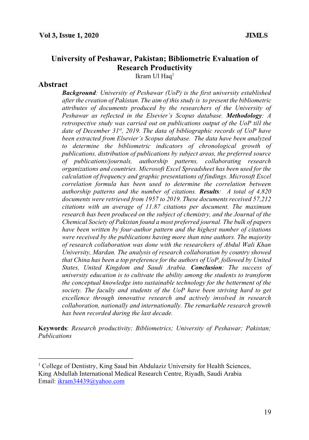 University of Peshawar, Pakistan; Bibliometric Evaluation of Research