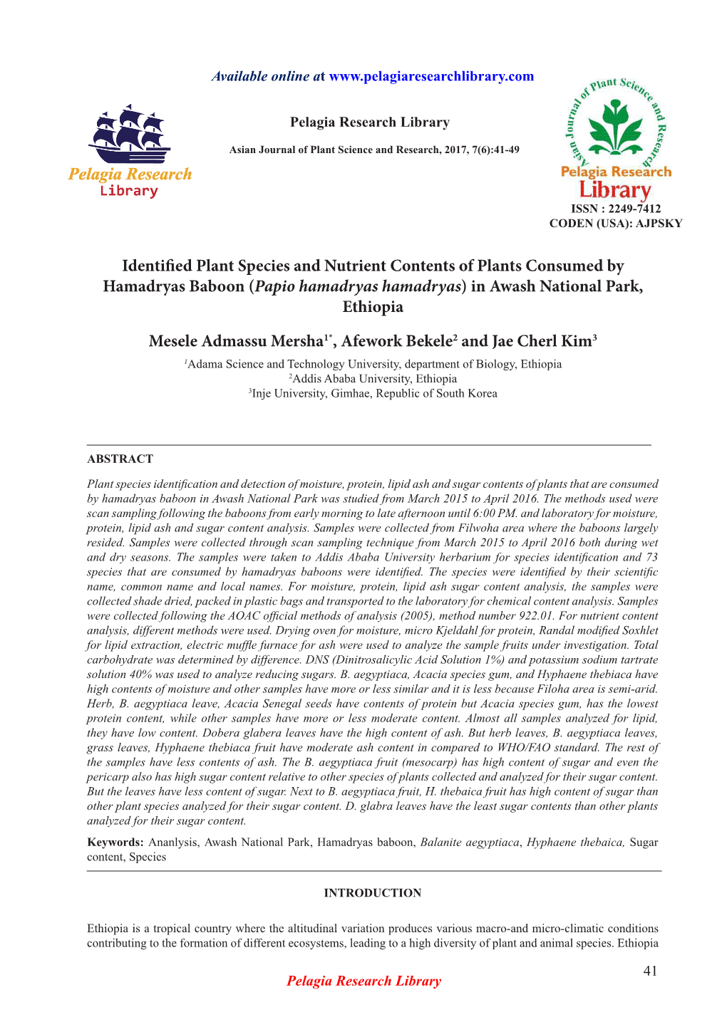 Identified Plant Species and Nutrient Contents of Plants Consumed by Hamadryas Baboon (Papio Hamadryas Hamadryas) in Awash National Park, Ethiopia