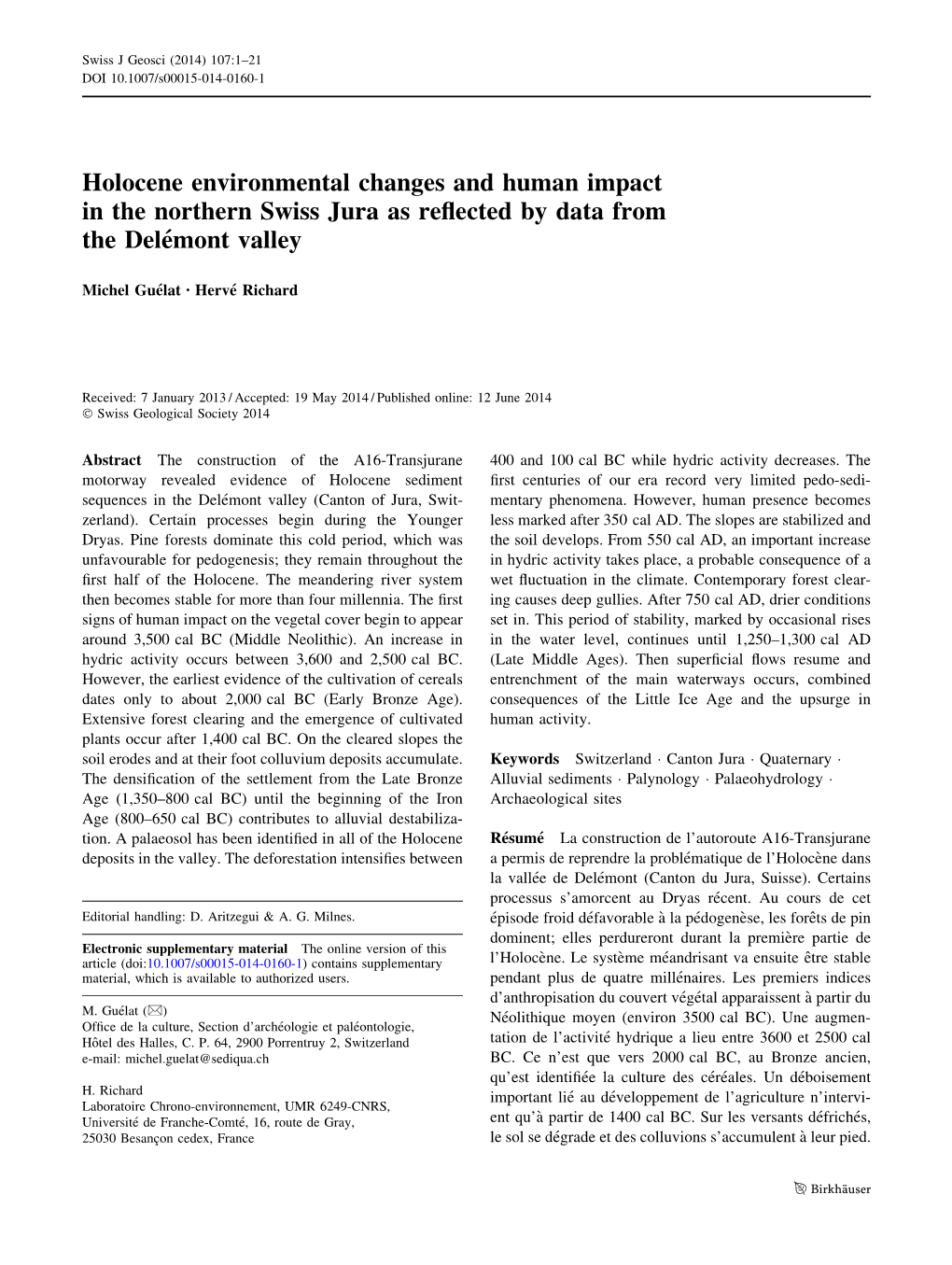 Holocene Environmental Changes and Human Impact in the Northern Swiss Jura As Reﬂected by Data from the Dele´Mont Valley