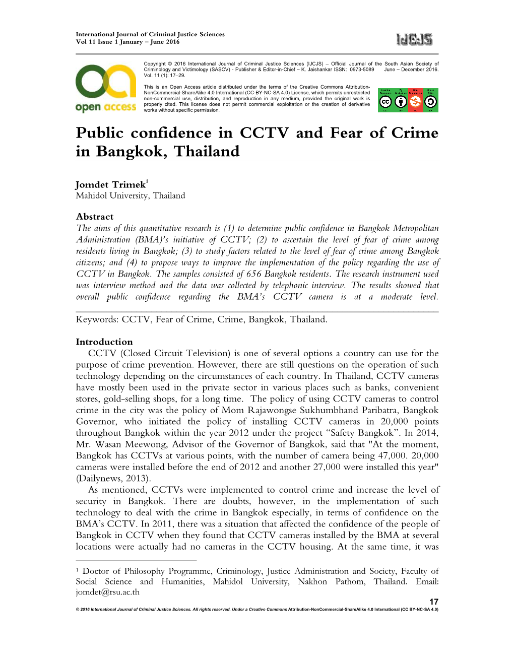 Public Confidence in CCTV and Fear of Crime in Bangkok, Thailand