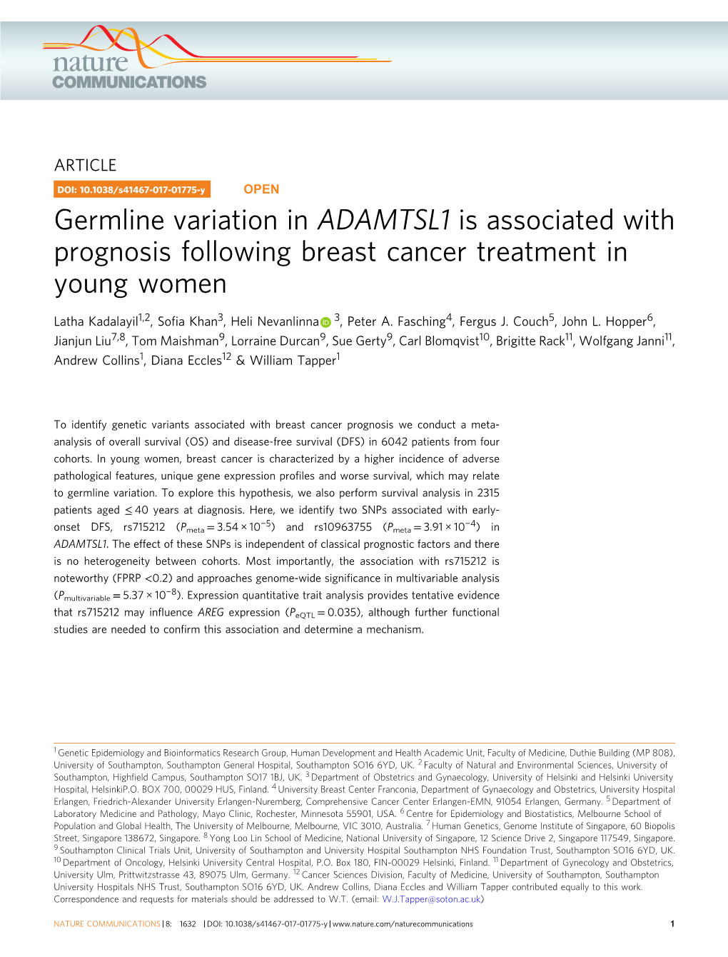 Germline Variation in ADAMTSL1 Is Associated with Prognosis Following Breast Cancer Treatment in Young Women