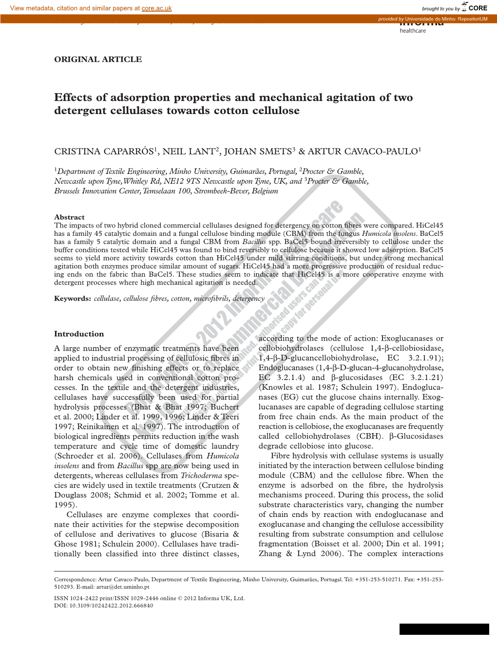 Effects of Adsorption Properties and Mechanical Agitation of Two Detergent Cellulases Towards Cotton Cellulose