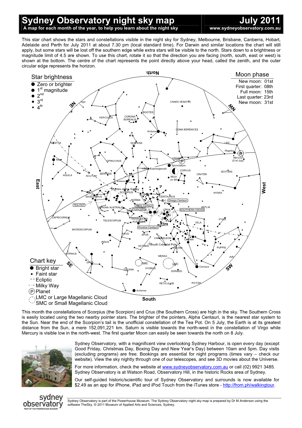 Sydney Observatory Night Sky Map July 2011 a Map for Each Month of the Year, to Help You Learn About the Night Sky