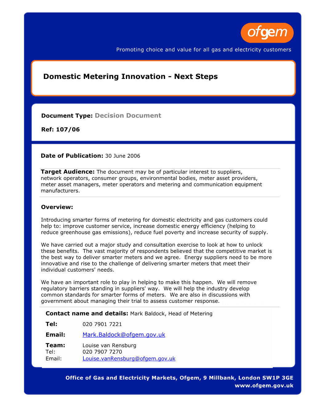 Domestic Metering Innovation - Next Steps