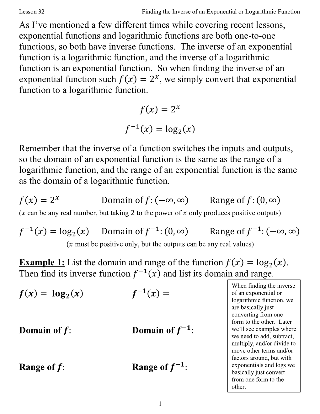 Finding the Inverse of an Exponential Or Logarithmic Function