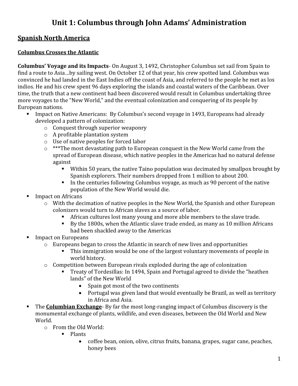 Unit 1: Columbus Through John Adams' Administration