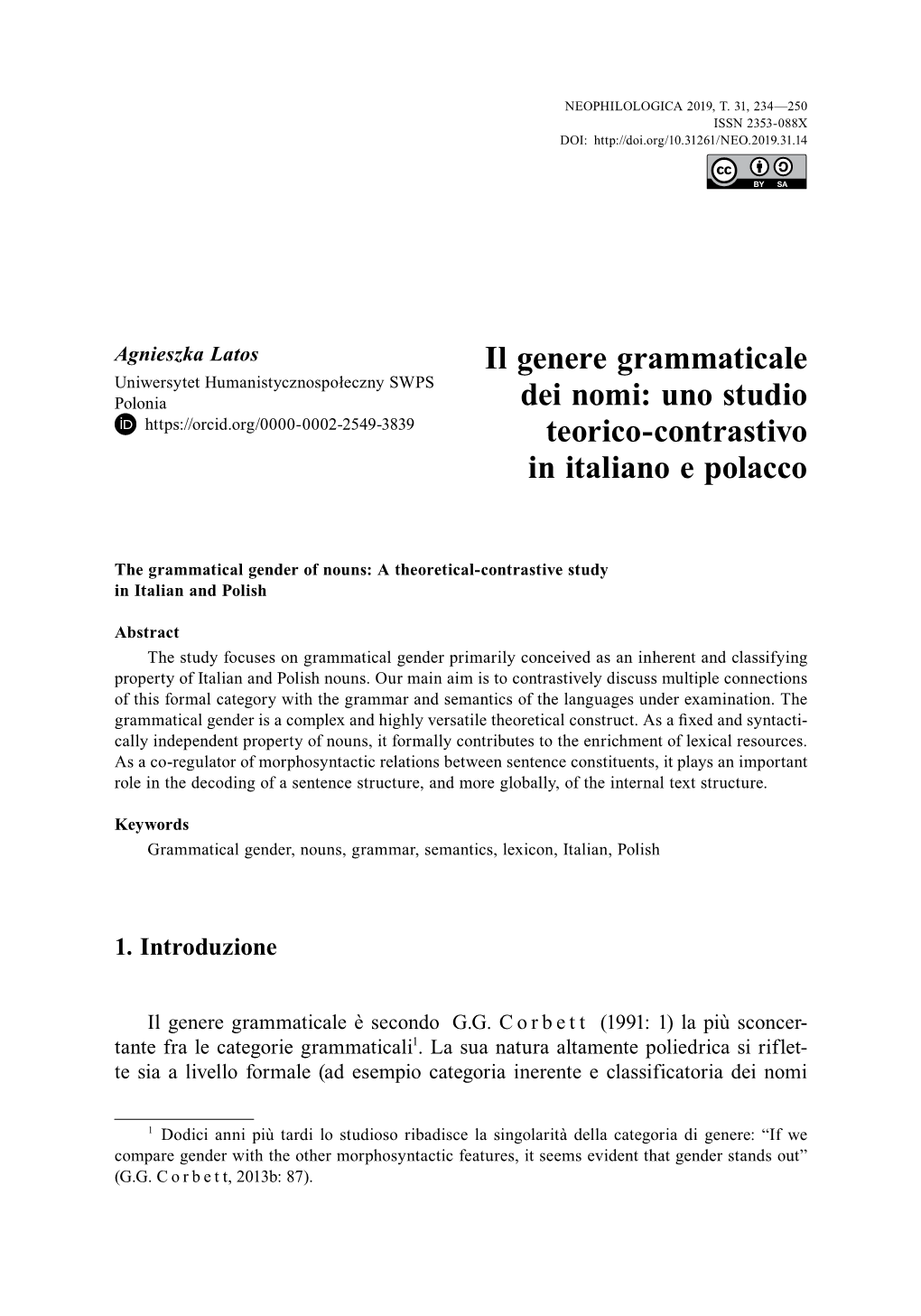 Il Genere Grammaticale Dei Nomi: Uno Studio Teorico-Contrastivo in Italiano