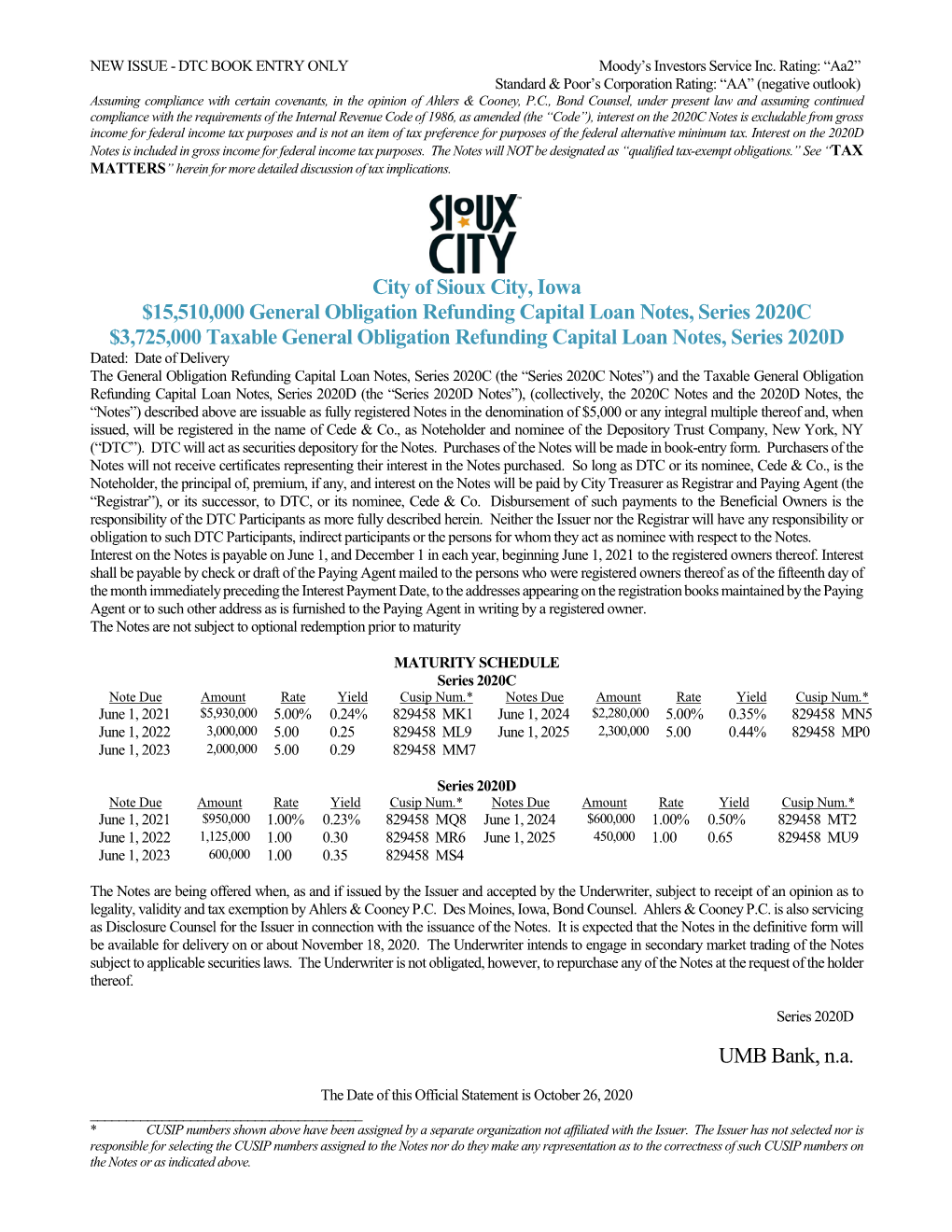 City of Sioux City, Iowa $15,510,000 General Obligation Refunding Capital Loan Notes, Series 2020C $3,725,000 Taxable General Ob