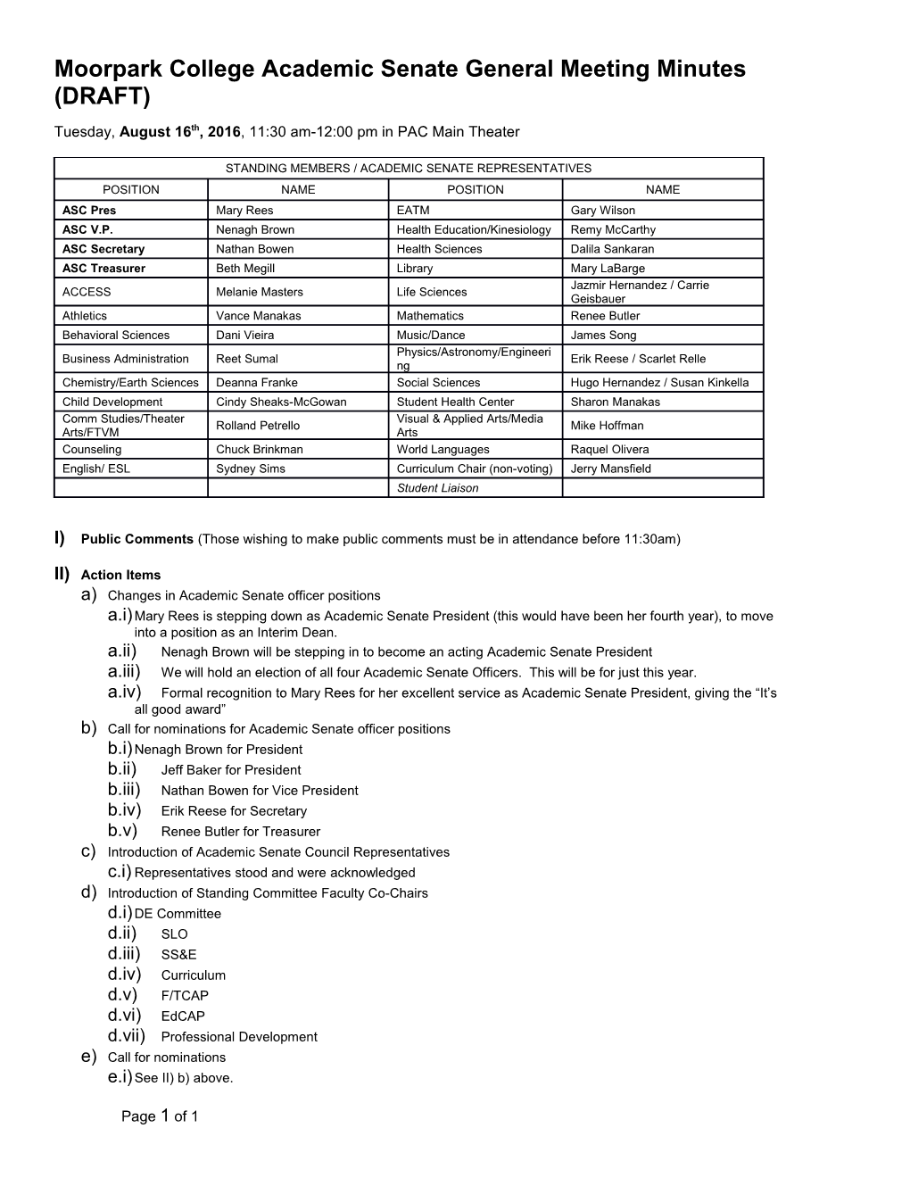 Moorpark College Academic Senate General Meeting Minutes (DRAFT)