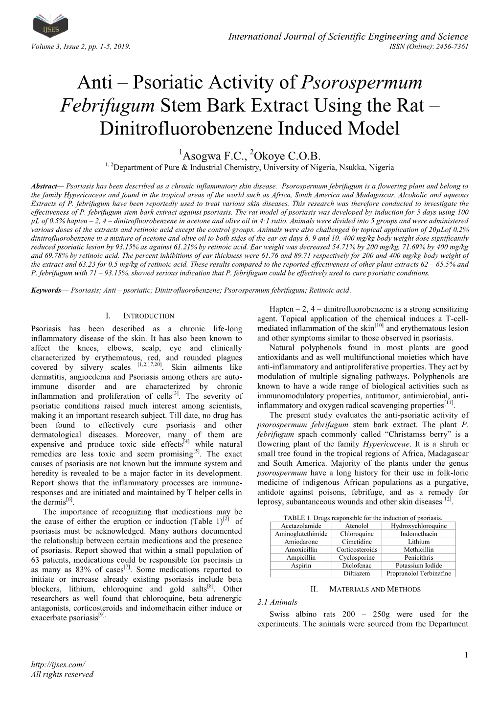 Anti – Psoriatic Activity of Psorospermum Febrifugum Stem Bark Extract Using the Rat – Dinitrofluorobenzene Induced Model