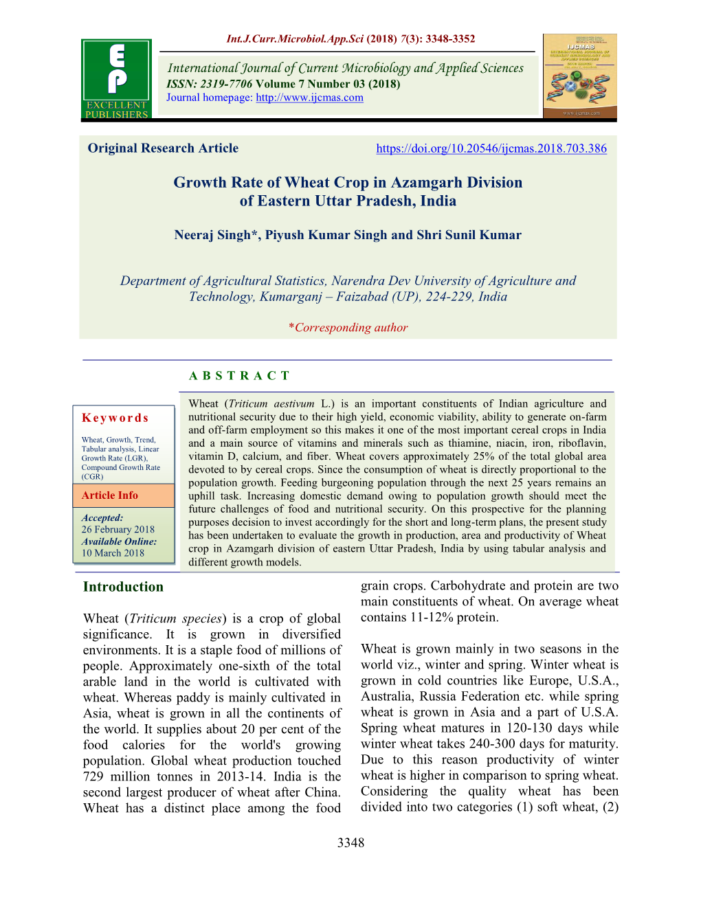 Growth Rate of Wheat Crop in Azamgarh Division of Eastern Uttar Pradesh, India