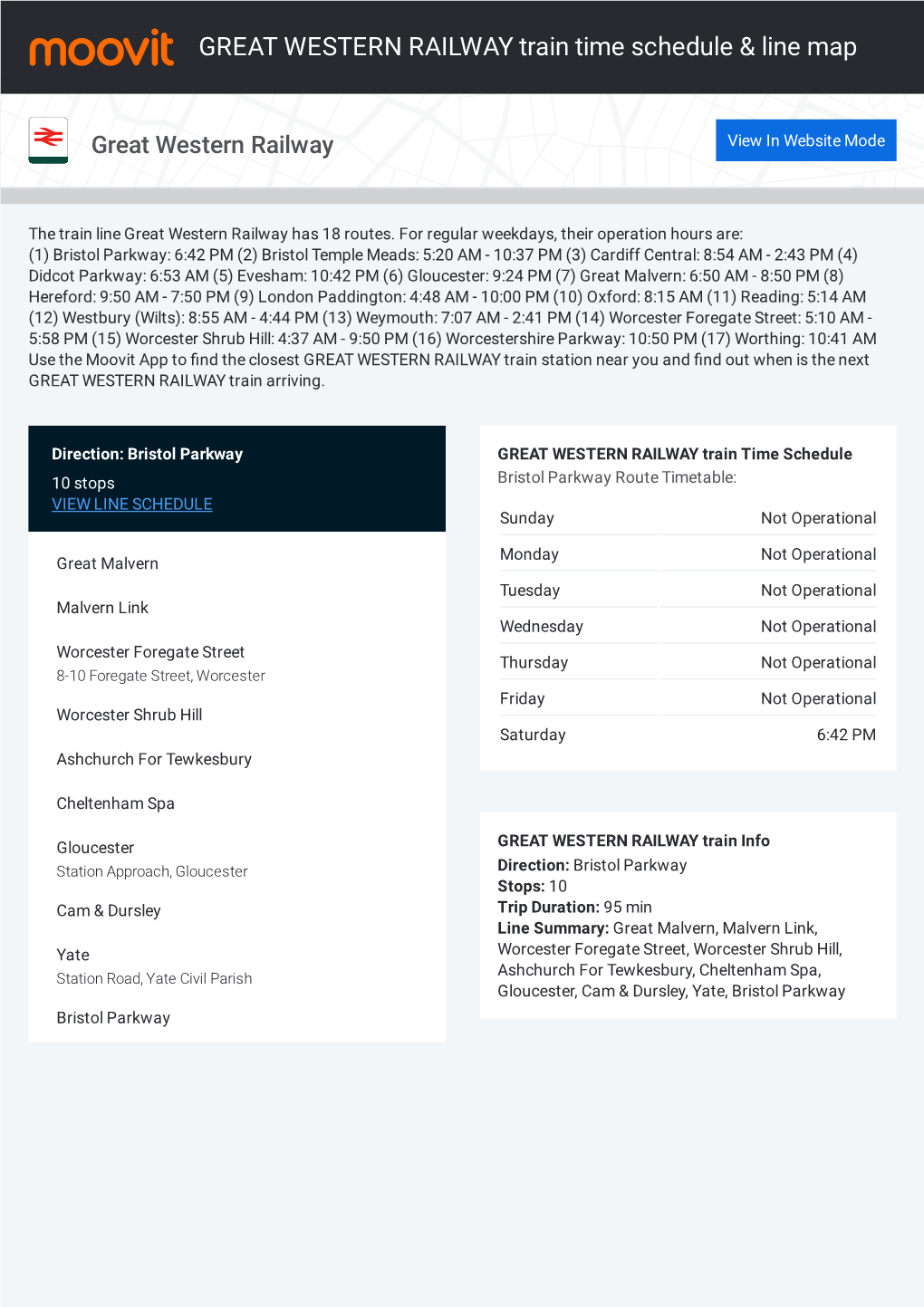 GREAT WESTERN RAILWAY Train Time Schedule & Line Route