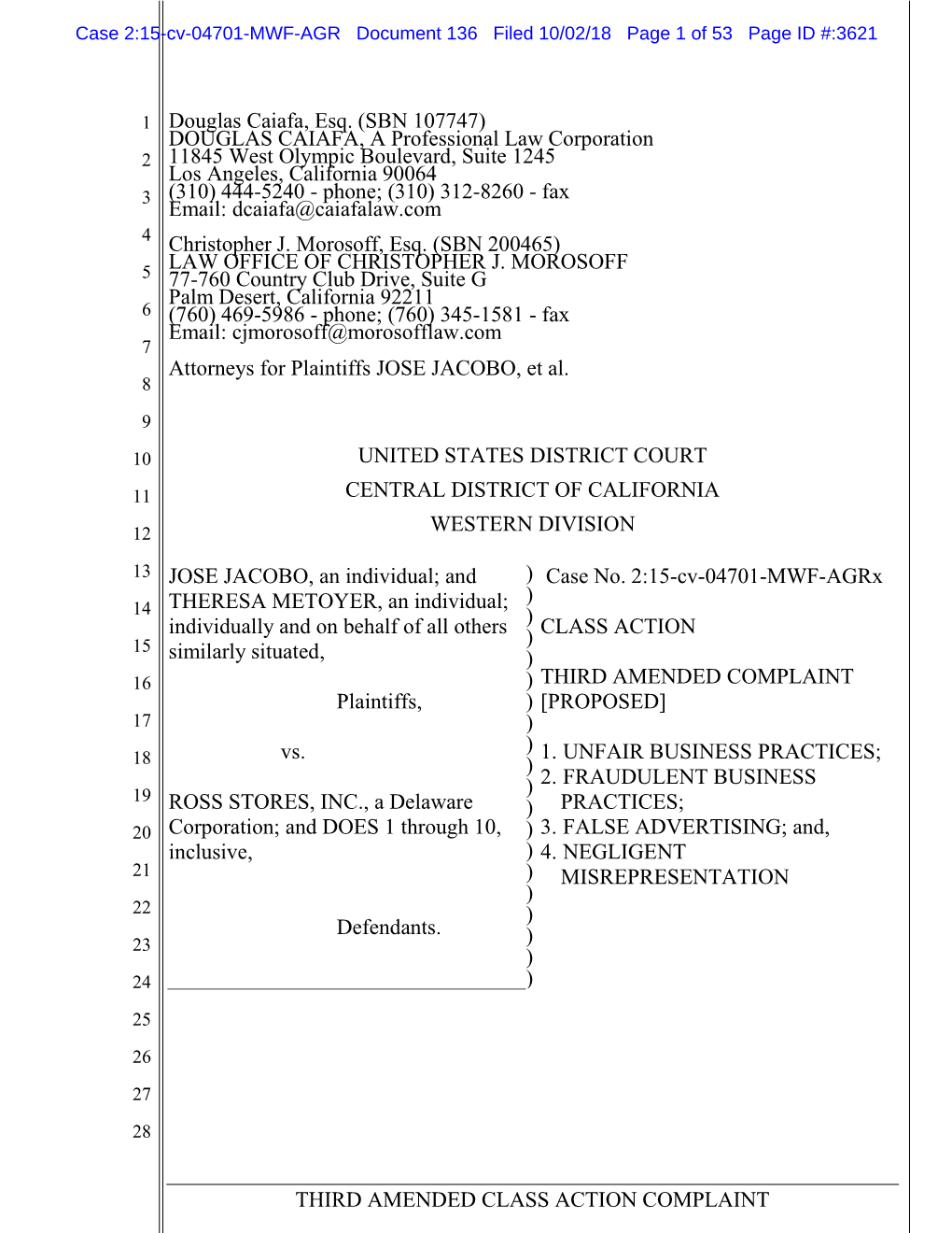 THIRD AMENDED CLASS ACTION COMPLAINT Douglas Caiafa, Esq