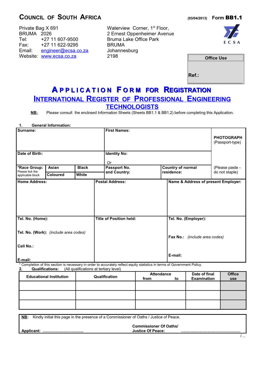 COUNCIL of SOUTH AFRICA (03/04/2013) Form BB1.1