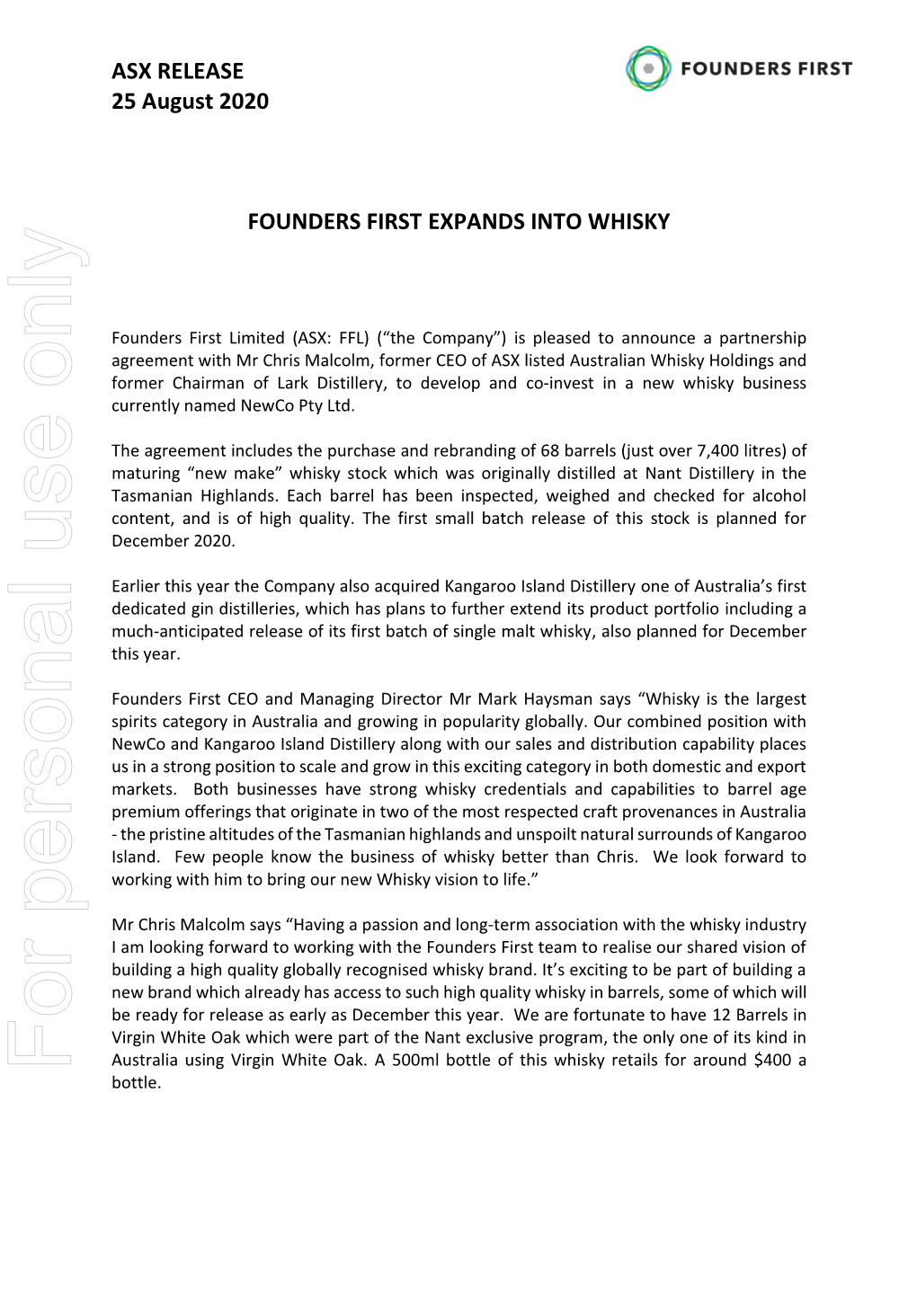 ASX RELEASE 25 August 2020 FOUNDERS FIRST EXPANDS
