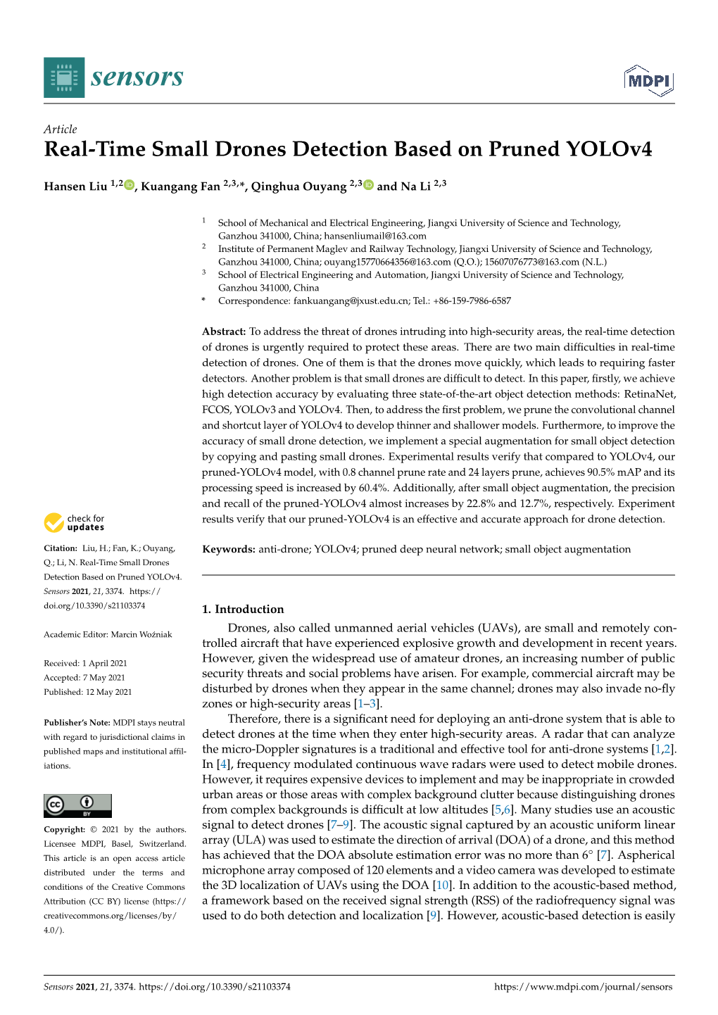 Real-Time Small Drones Detection Based on Pruned Yolov4