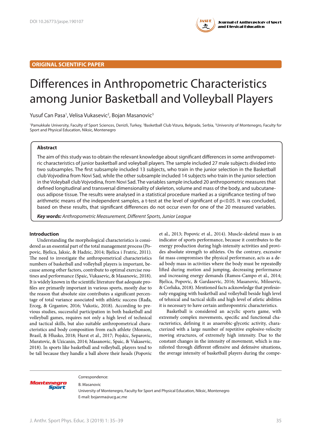 Differences in Anthropometric Characteristics Among Junior Basketball and Volleyball Players