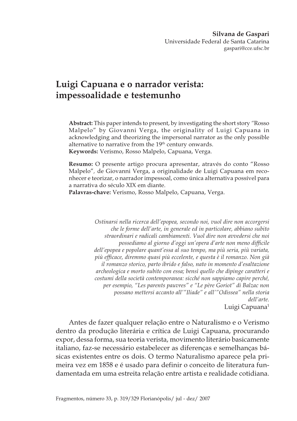 Luigi Capuana E O Narrador Verista: Impessoalidade E Testemunho