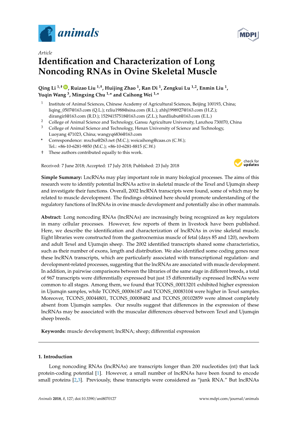 Identification and Characterization of Long Noncoding Rnas in Ovine