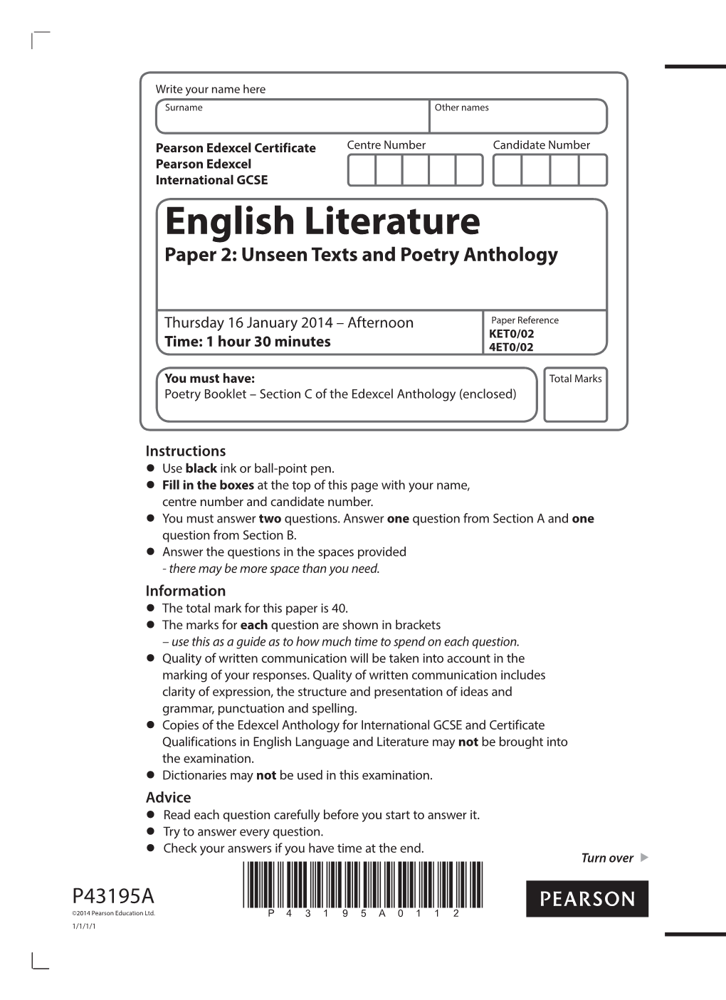 English Literature Paper 2: Unseen Texts and Poetry Anthology