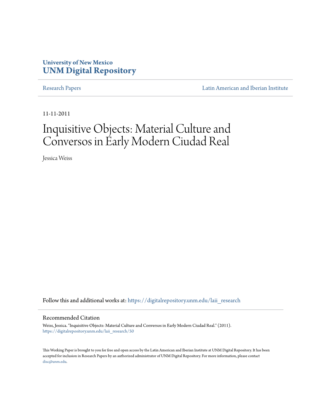 Material Culture and Conversos in Early Modern Ciudad Real Jessica Weiss