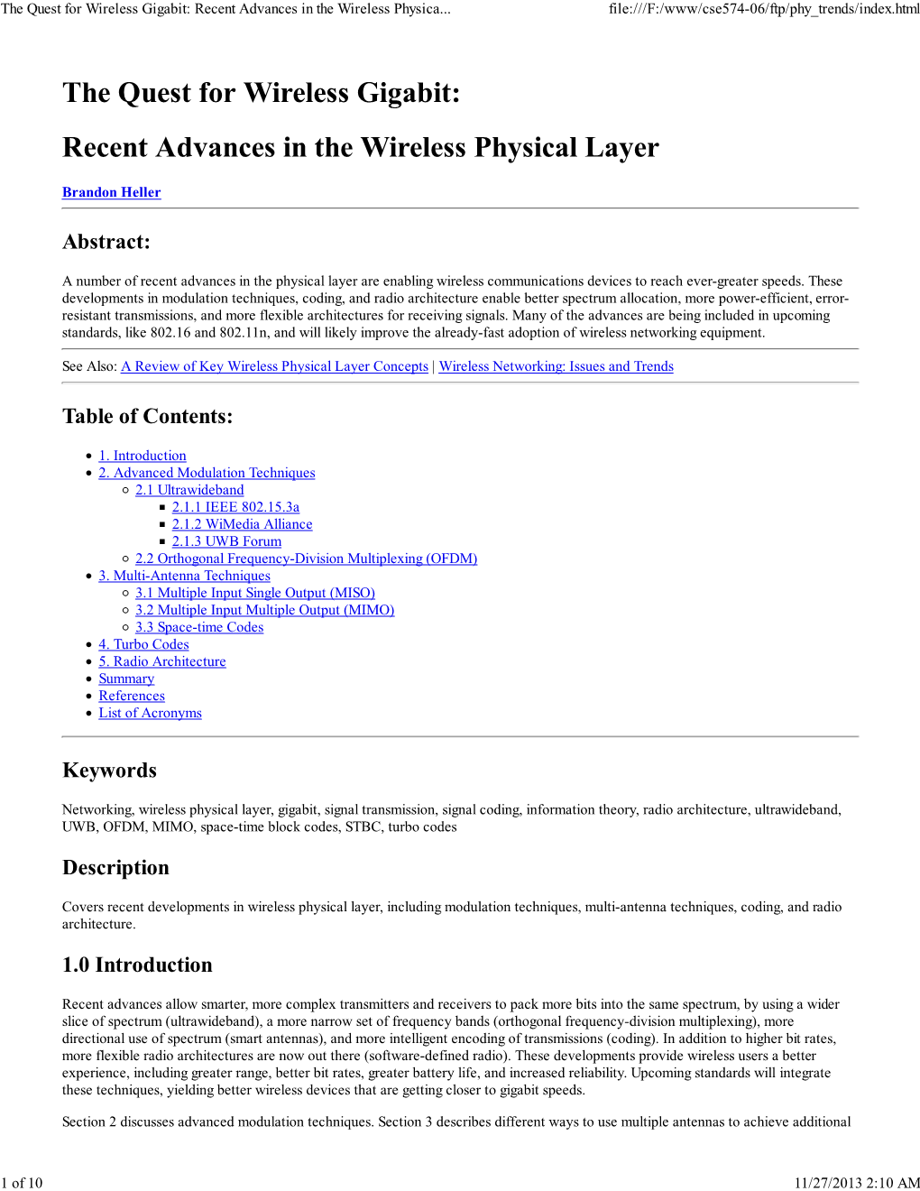 The Quest for Wireless Gigabit: Recent Advances in the Wireless Physica