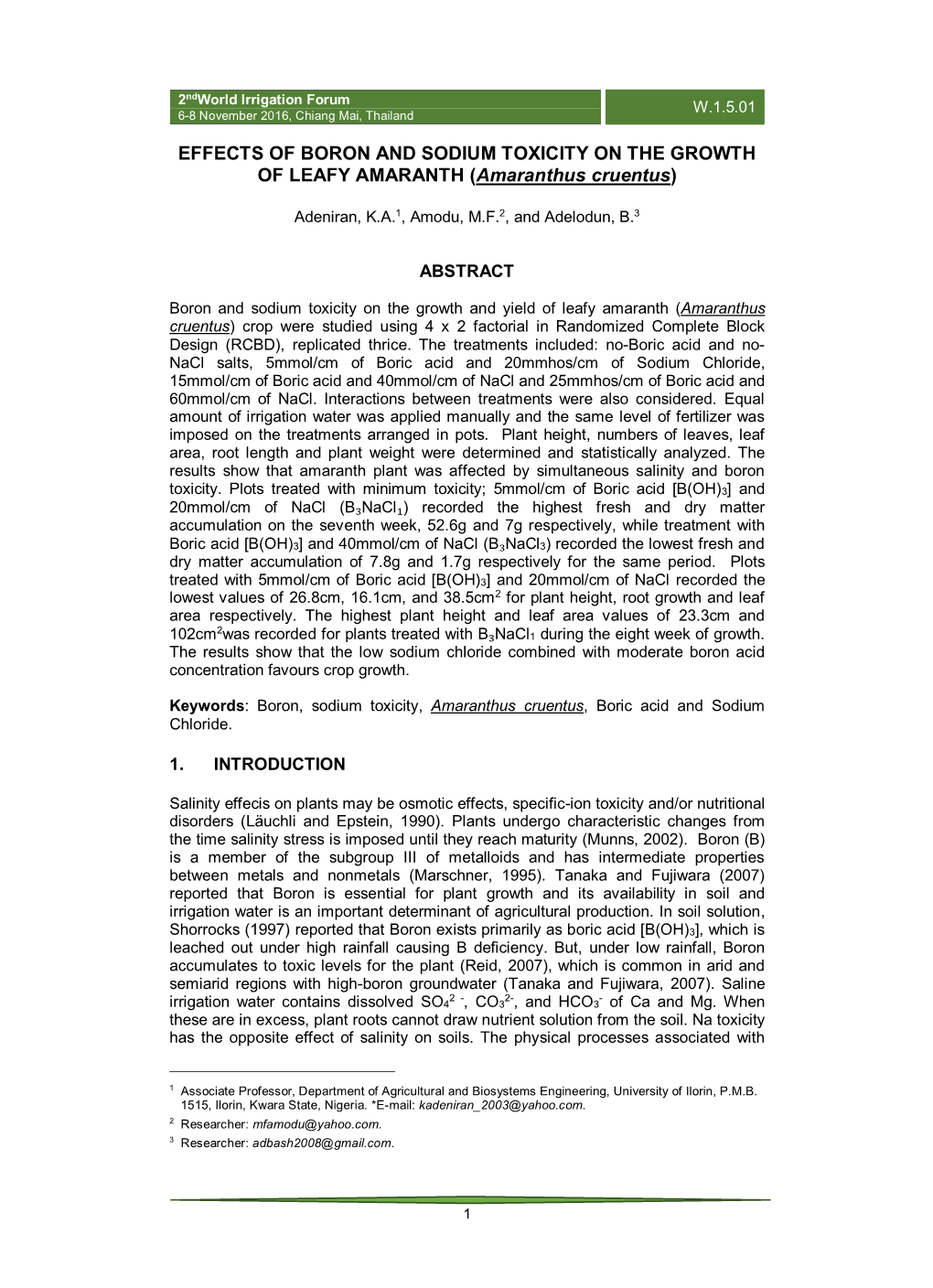 EFFECTS of BORON and SODIUM TOXICITY on the GROWTH of LEAFY AMARANTH (Amaranthus Cruentus)