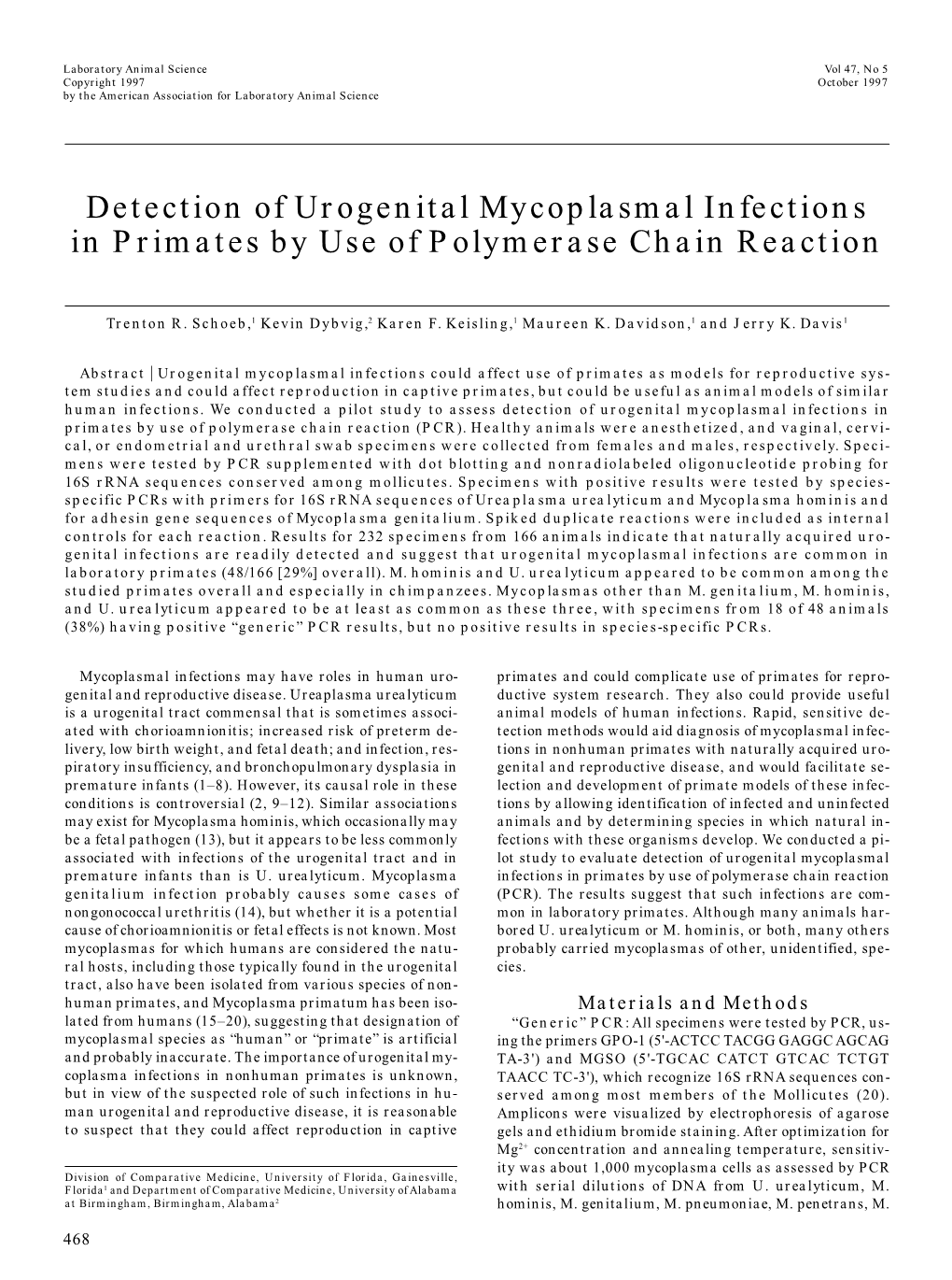Detection of Urogenital Mycoplasmal Infections in Primates by Use of Polymerase Chain Reaction