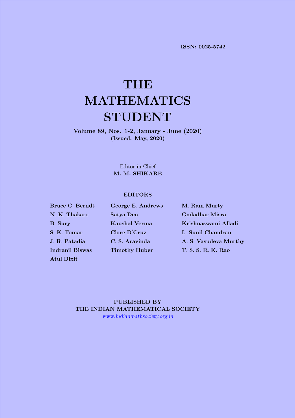 THE MATHEMATICS STUDENT Volume 89, Nos