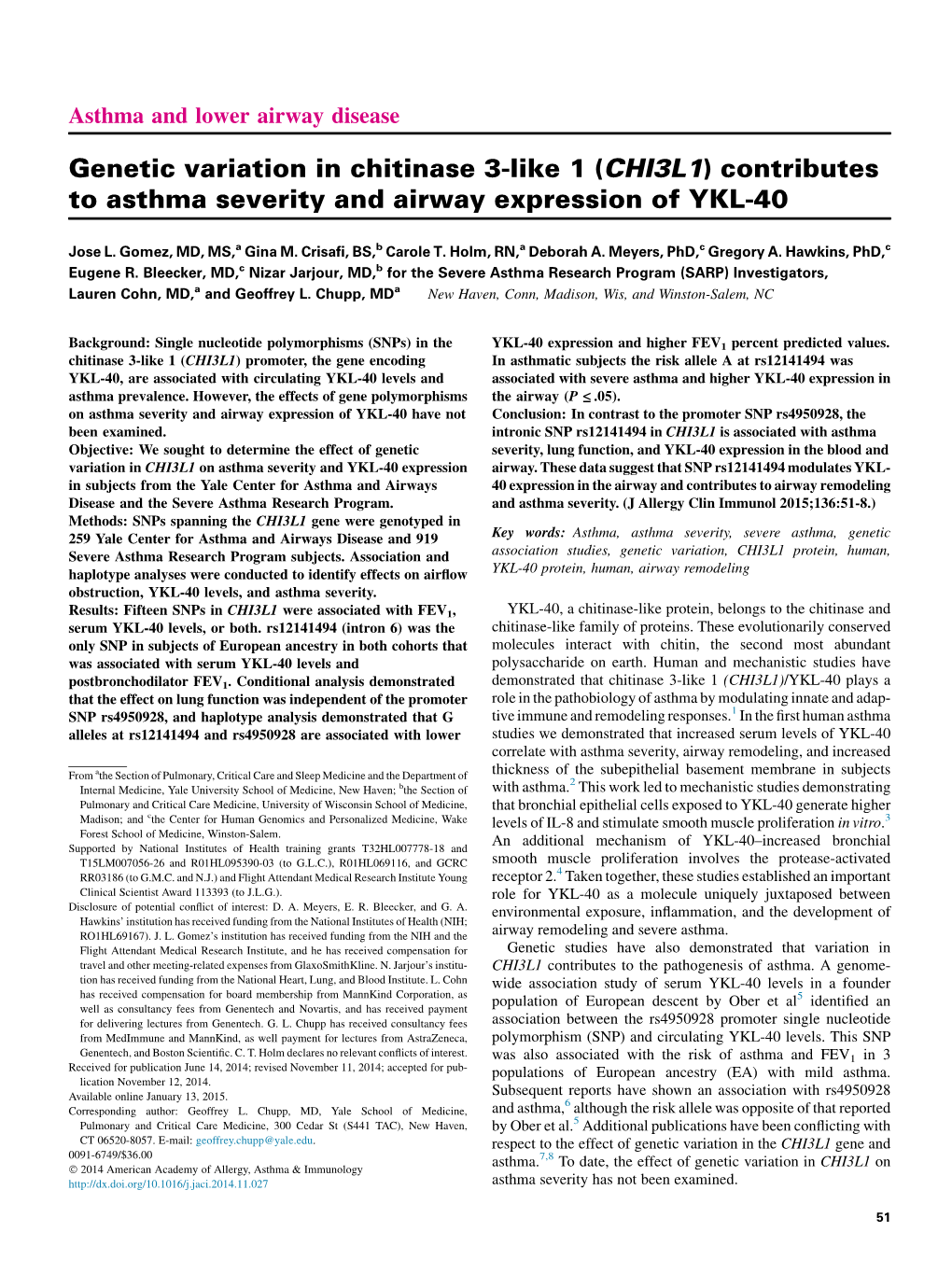 Genetic Variation in Chitinase 3-Like 1 (CHI3L1) Contributes to Asthma Severity and Airway Expression of YKL-40