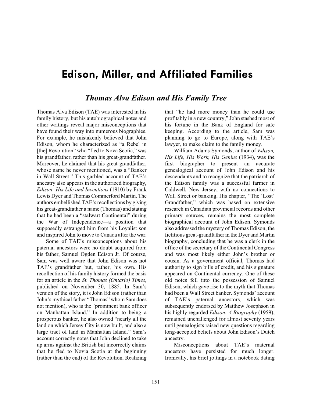 Edison, Miller, and Affiliated Families