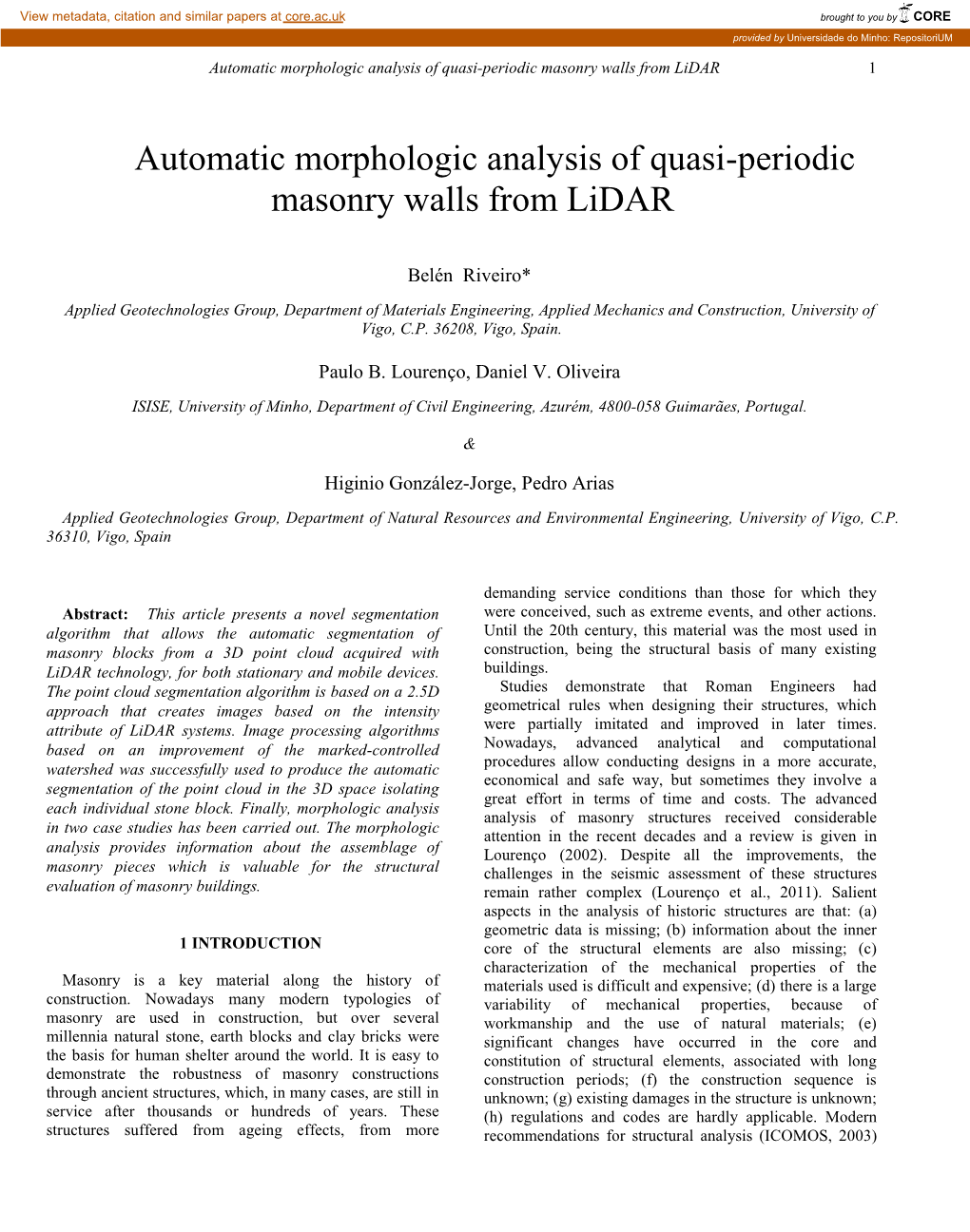 Automatic Morphologic Analysis of Quasi-Periodic Masonry Walls from Lidar 1