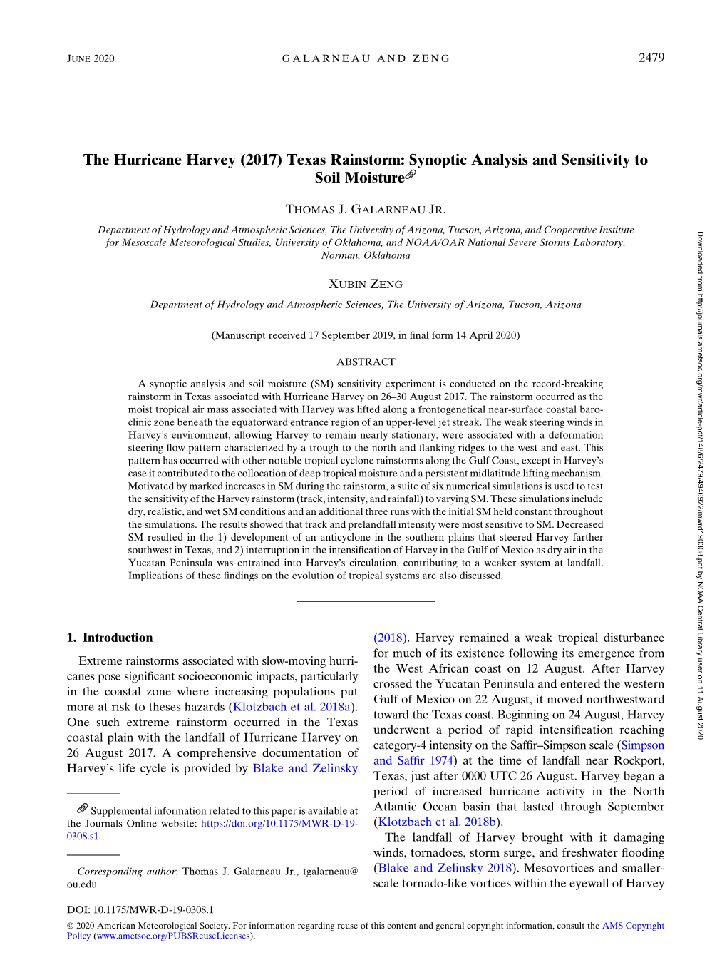 The Hurricane Harvey (2017) Texas Rainstorm: Synoptic Analysis and Sensitivity to Soil Moisture