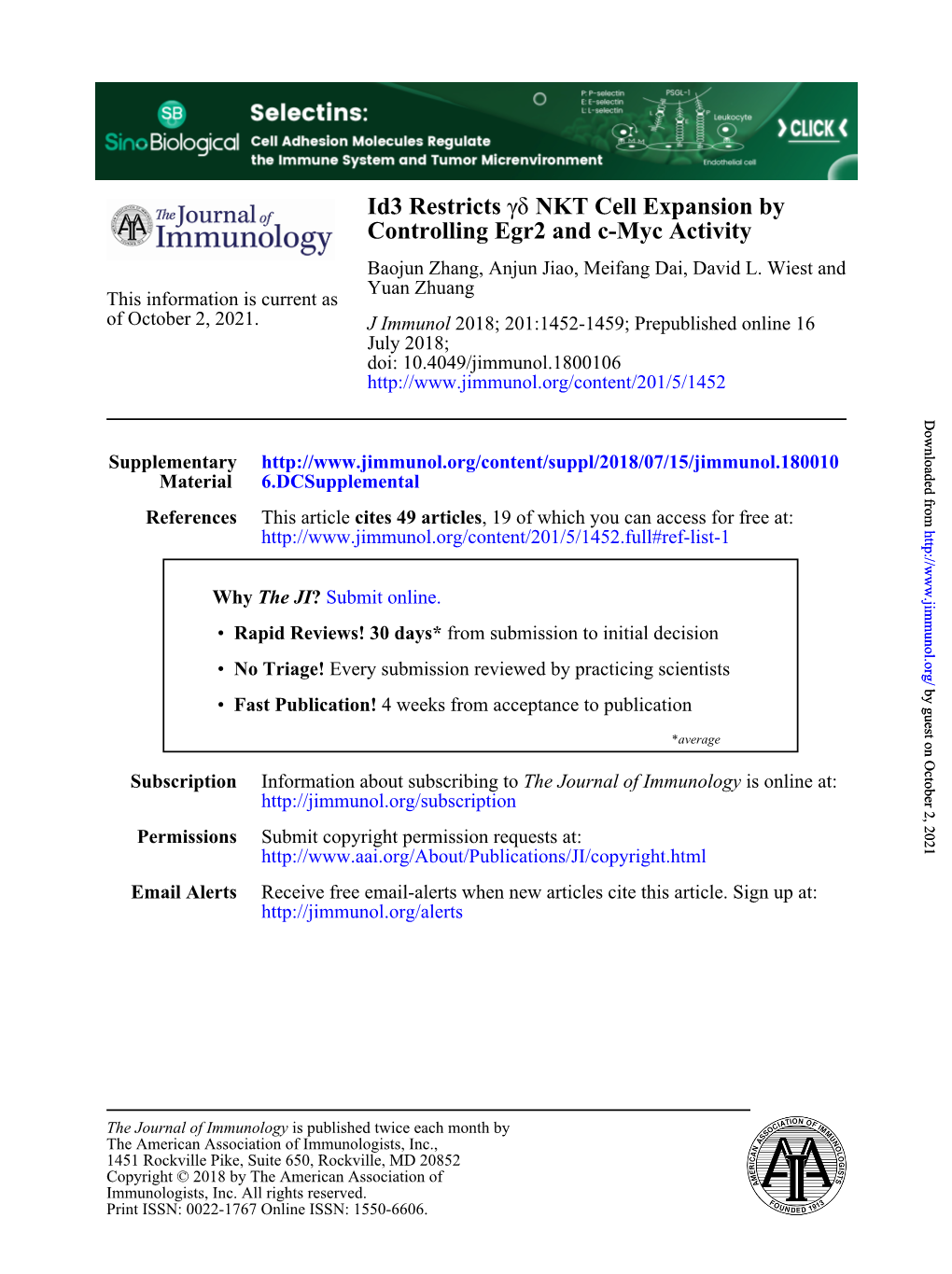 Id3 Restricts Γδ NKT Cell Expansion by Controlling Egr2 and C-Myc Activity