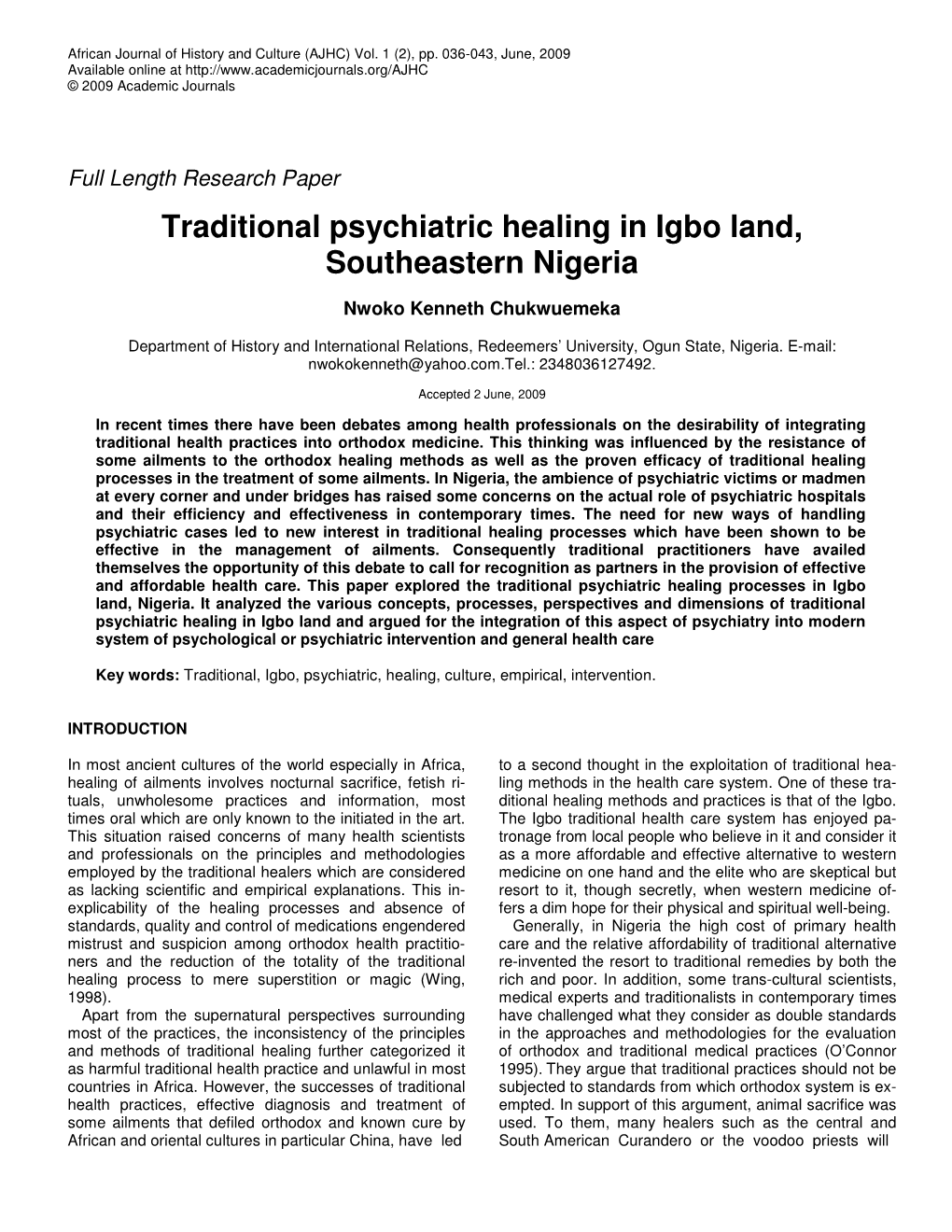 Traditional Psychiatric Healing in Igbo Land, Southeastern Nigeria