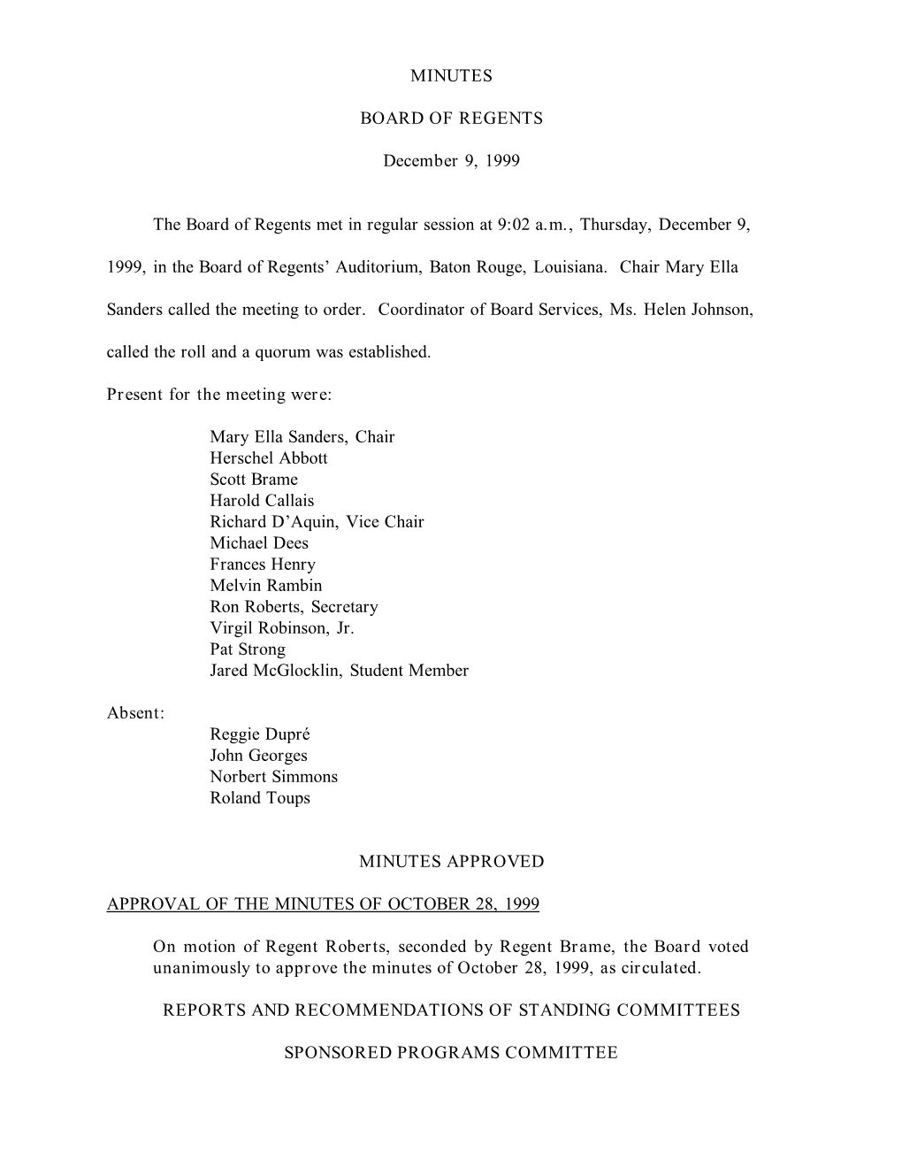 Louisiana Board of Regents Minutes of December 9, 1999