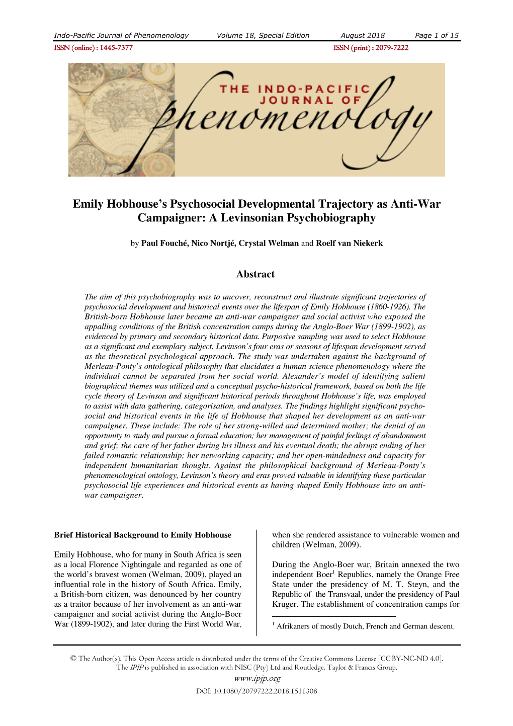 Emily Hobhouse's Psychosocial Developmental Trajectory As Anti-War Campaigner: a Levinsonian Psychobiography