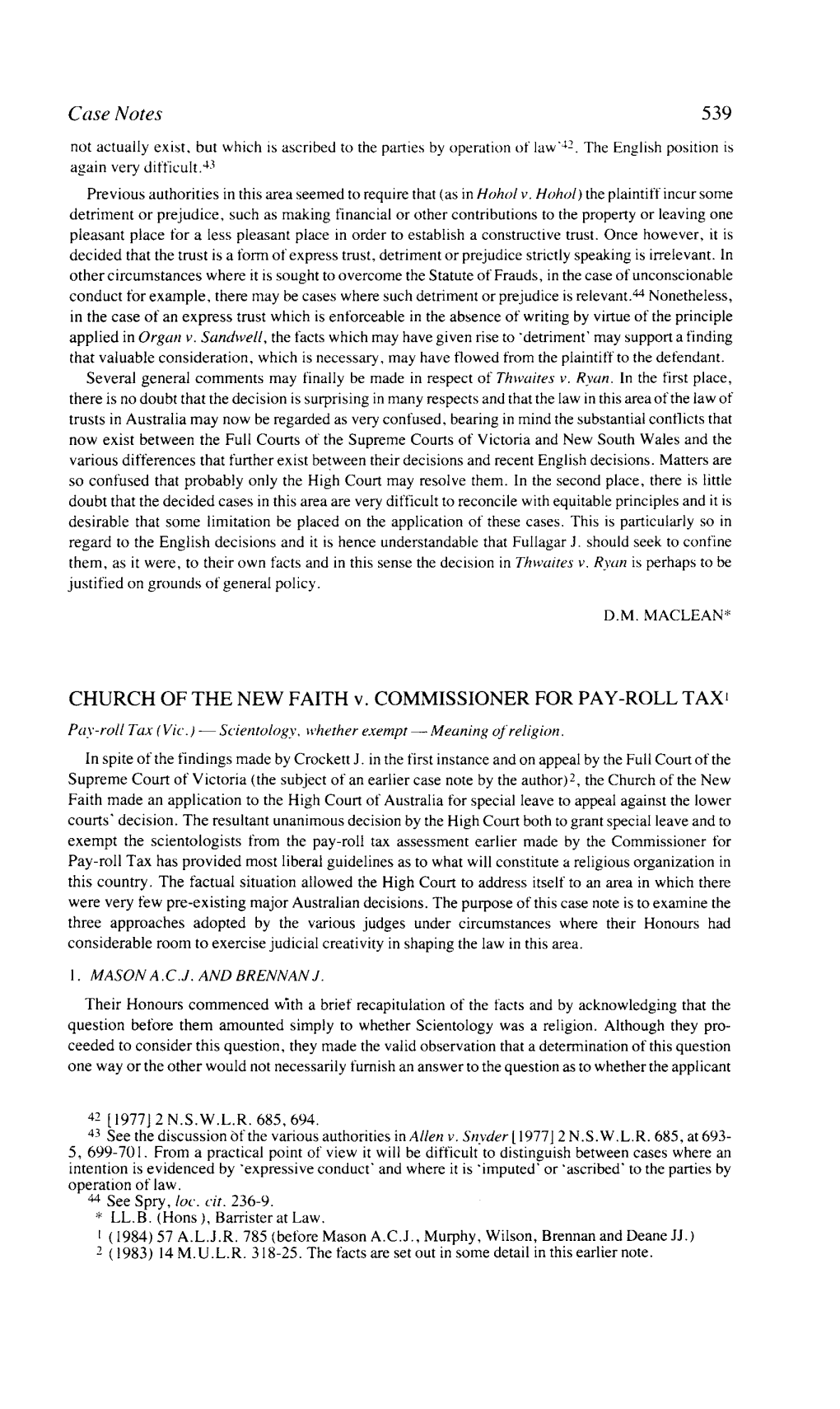 Case Notes 539 CHURCH of the NEW FAITH V. COMMISSIONER