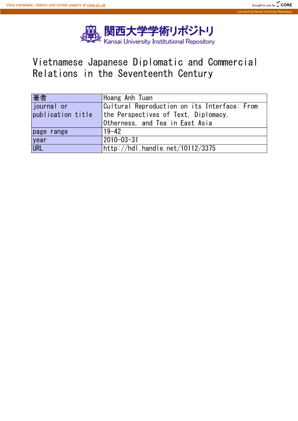 Vietnamese Japanese Diplomatic and Commercial Relations in the Seventeenth Century