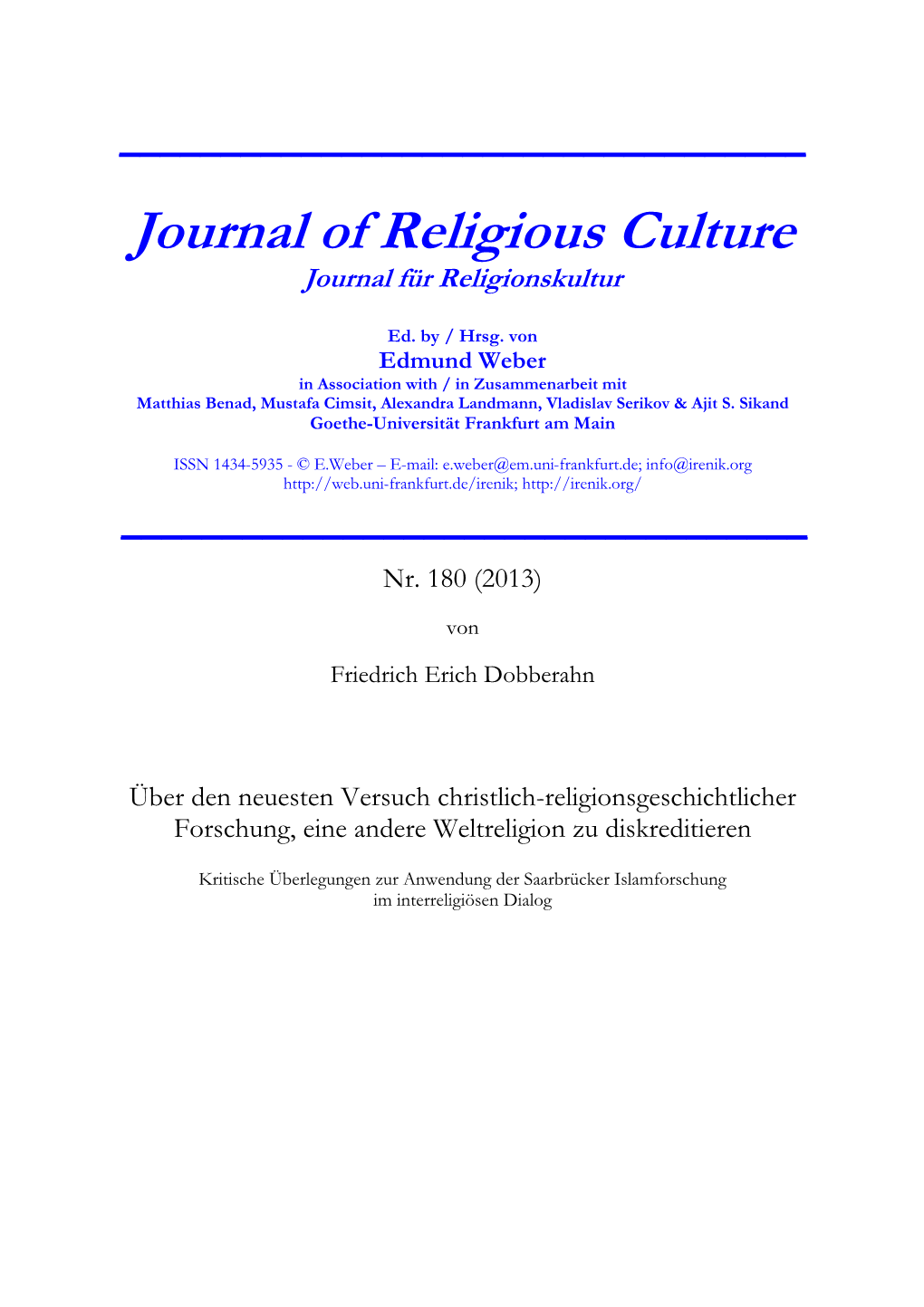 Journal of Religious Culture Journal Für Religionskultur