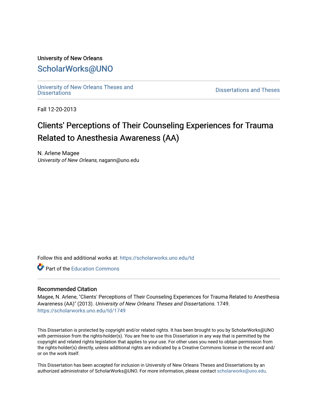 Clients' Perceptions of Their Counseling Experiences for Trauma Related to Anesthesia Awareness (AA)
