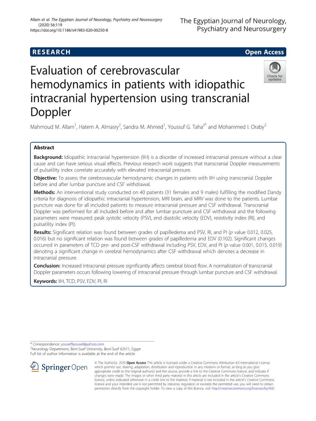 Evaluation of Cerebrovascular Hemodynamics in Patients with Idiopathic Intracranial Hypertension Using Transcranial Doppler Mahmoud M