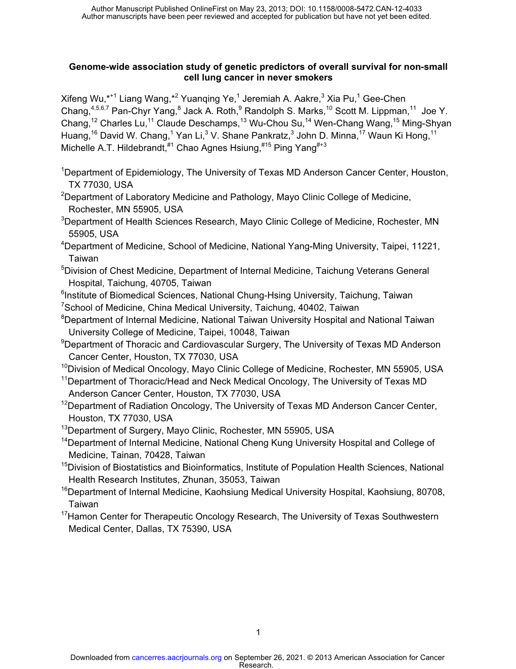 Genome-Wide Association Study of Genetic Predictors of Overall Survival for Non-Small Cell Lung Cancer in Never Smokers