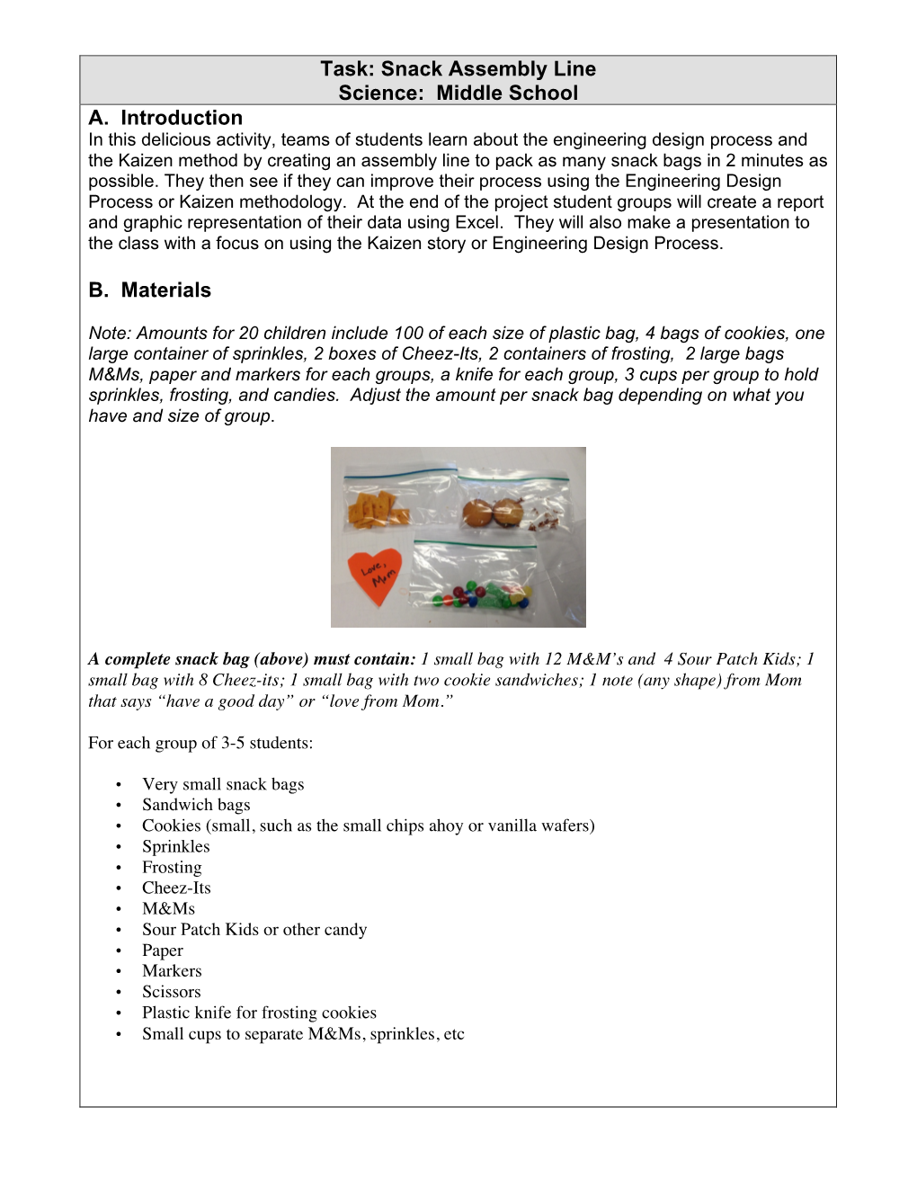 Snack Assembly Line Science: Middle School A