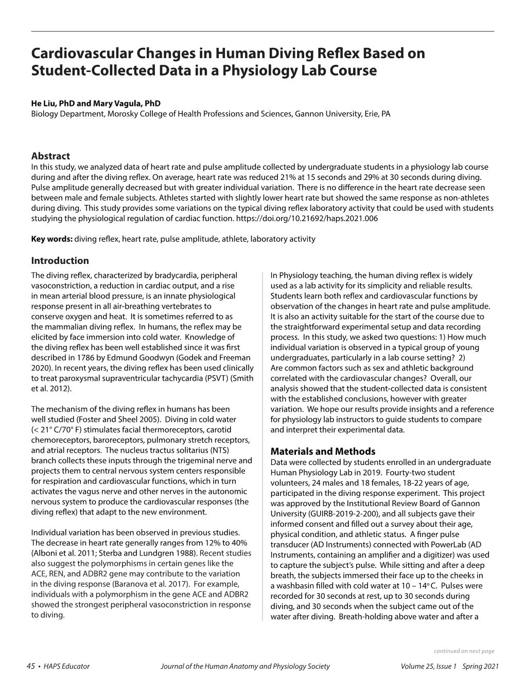 Cardiovascular Changes in Human Diving Reflex Based on Student-Collected Data in a Physiology Lab Course