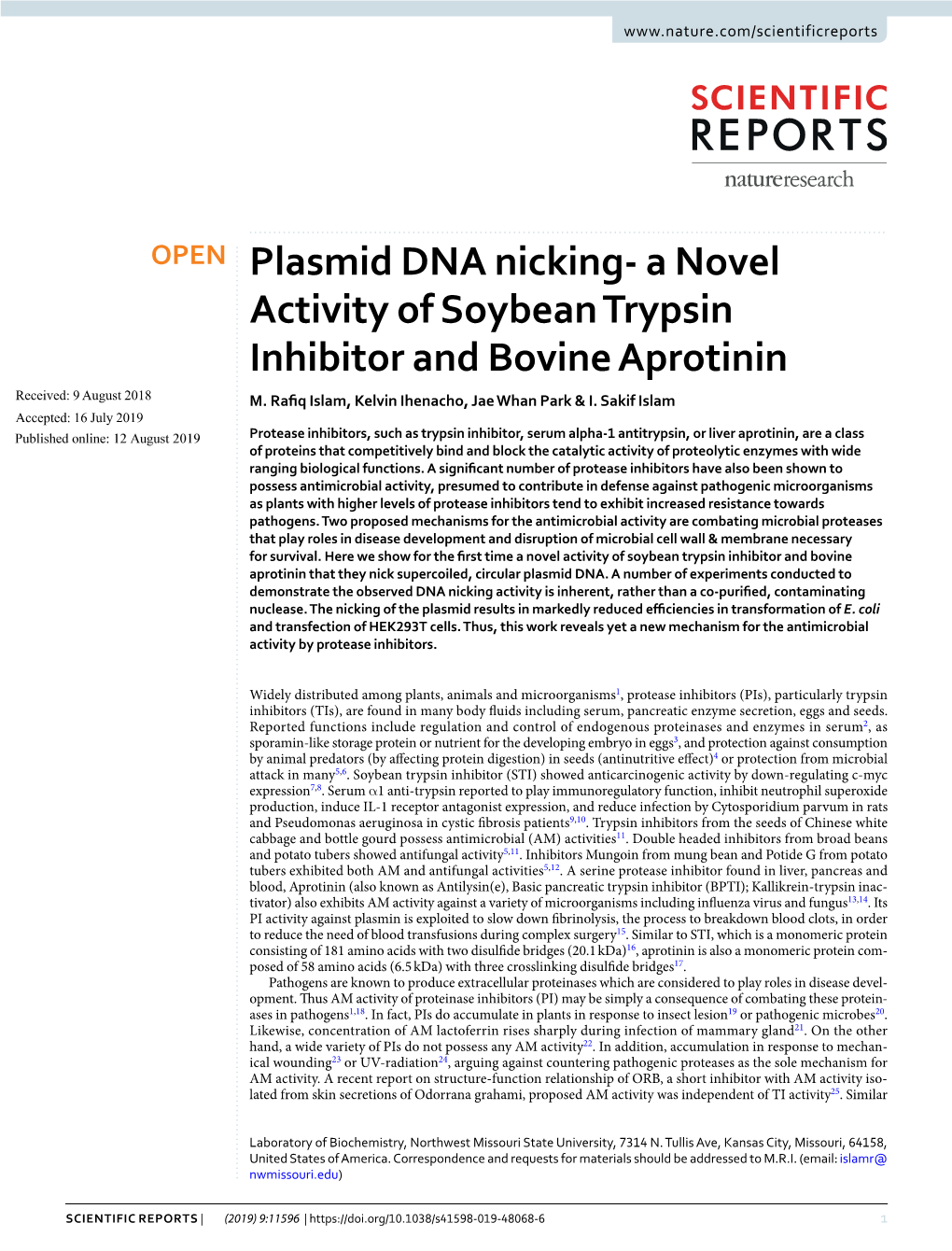 Plasmid DNA Nicking- a Novel Activity of Soybean Trypsin Inhibitor and Bovine Aprotinin Received: 9 August 2018 M