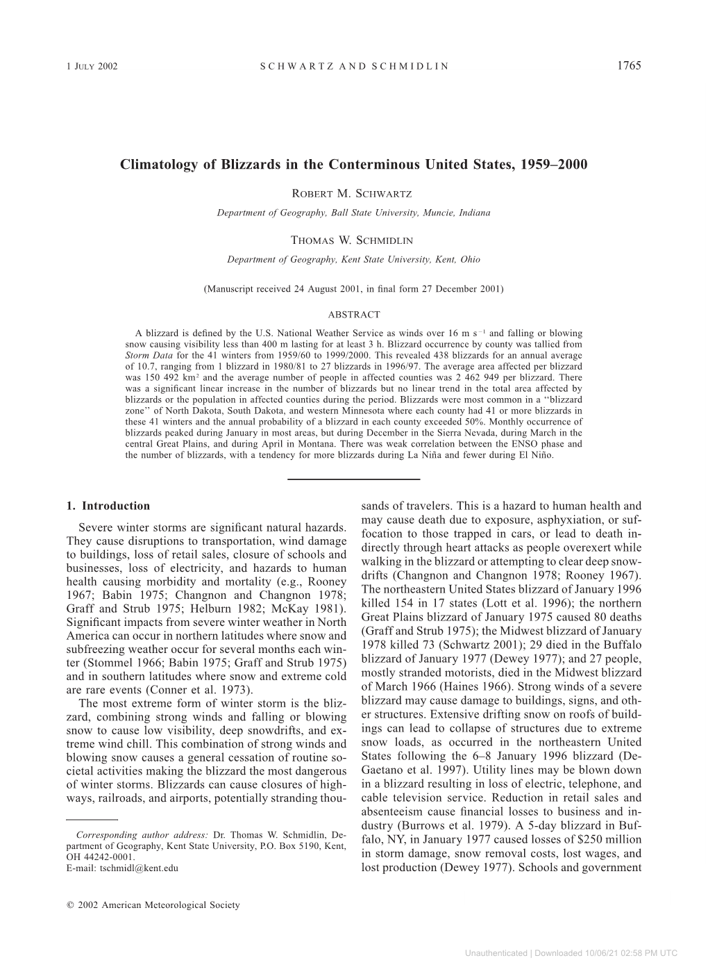 Climatology of Blizzards in the Conterminous United States, 1959±2000