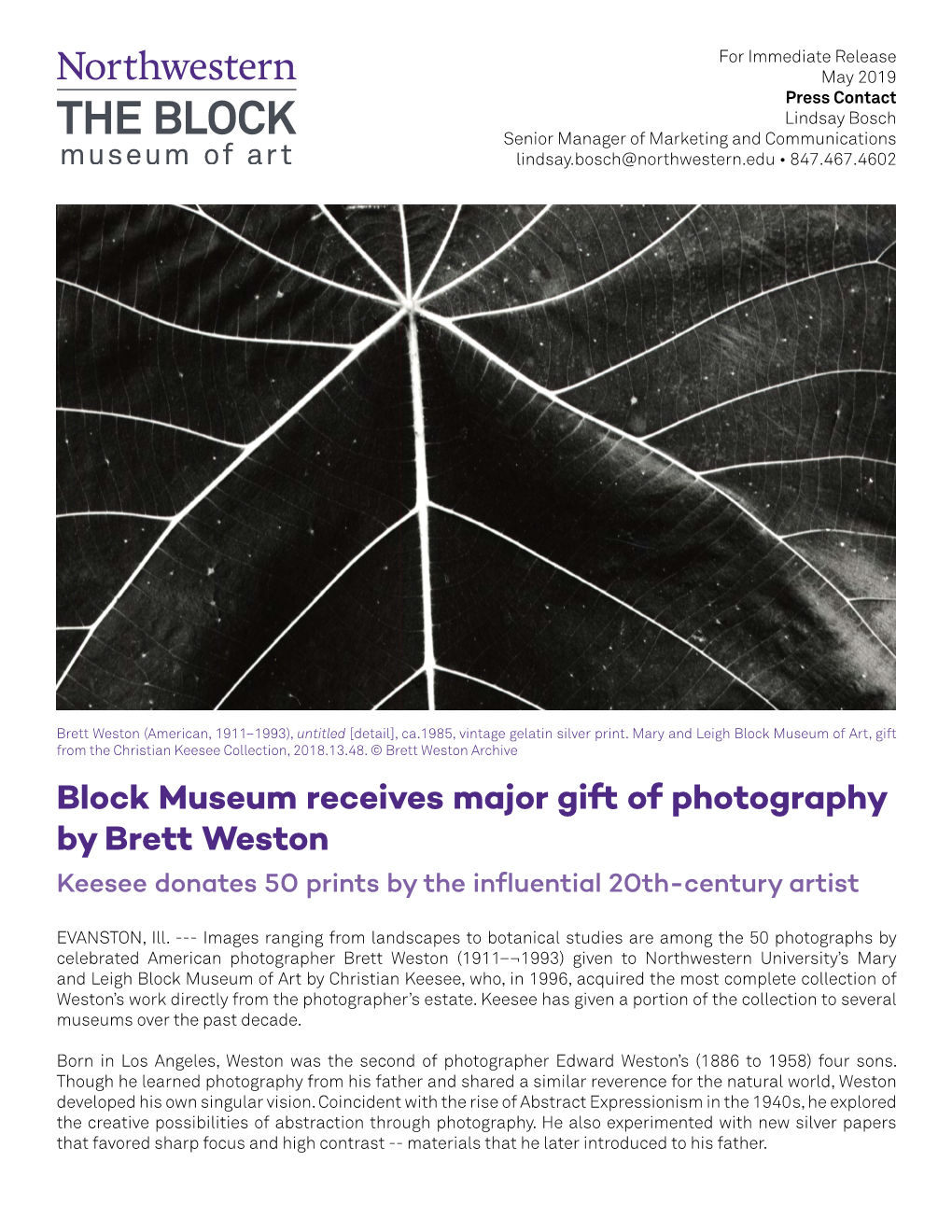 Block Museum Receives Major Gift of Photography by Brett Weston Keesee Donates 50 Prints by the Influential 20Th-Century Artist