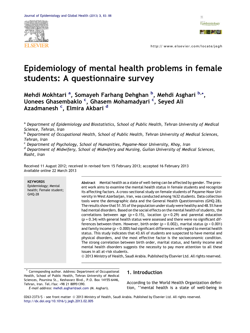 Epidemiology of Mental Health Problems in Female Students: a Questionnaire Survey